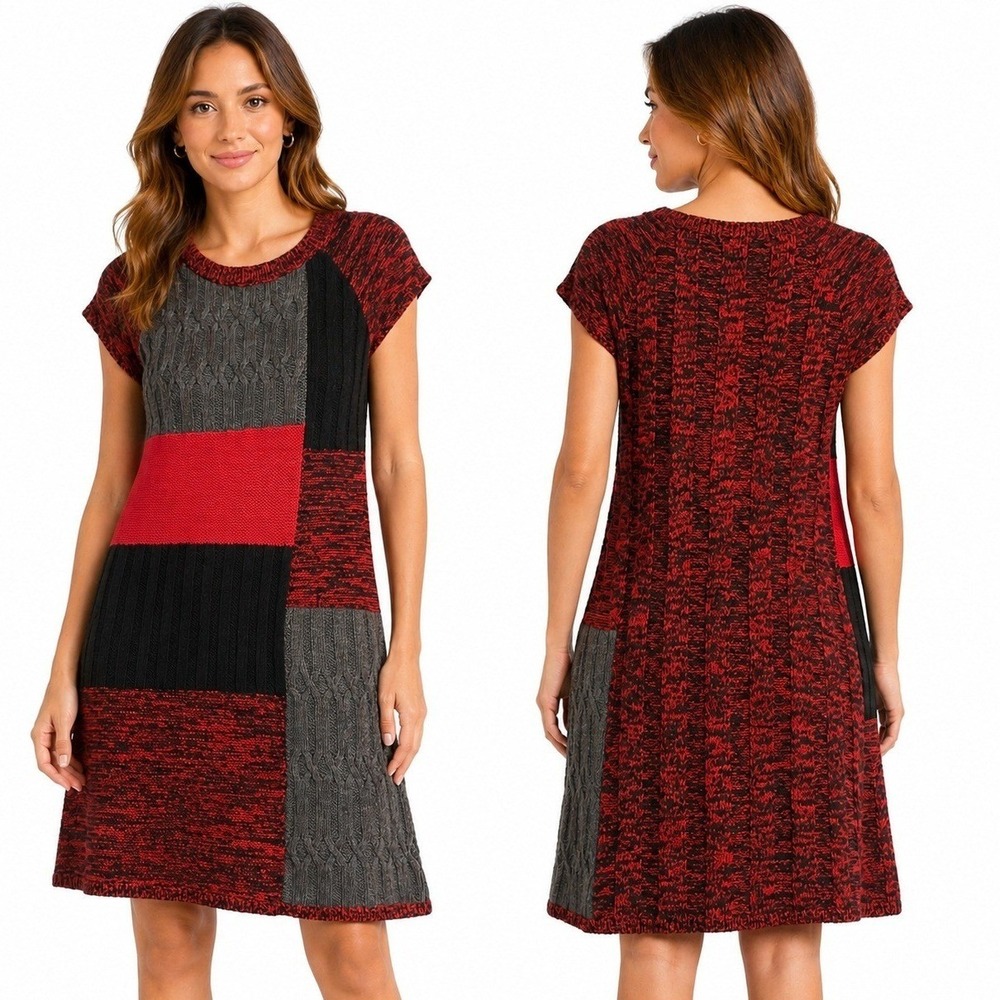 Style & Co Dress Womens Medium Sweater Red Black Colorblock Patchwork Cable Knit